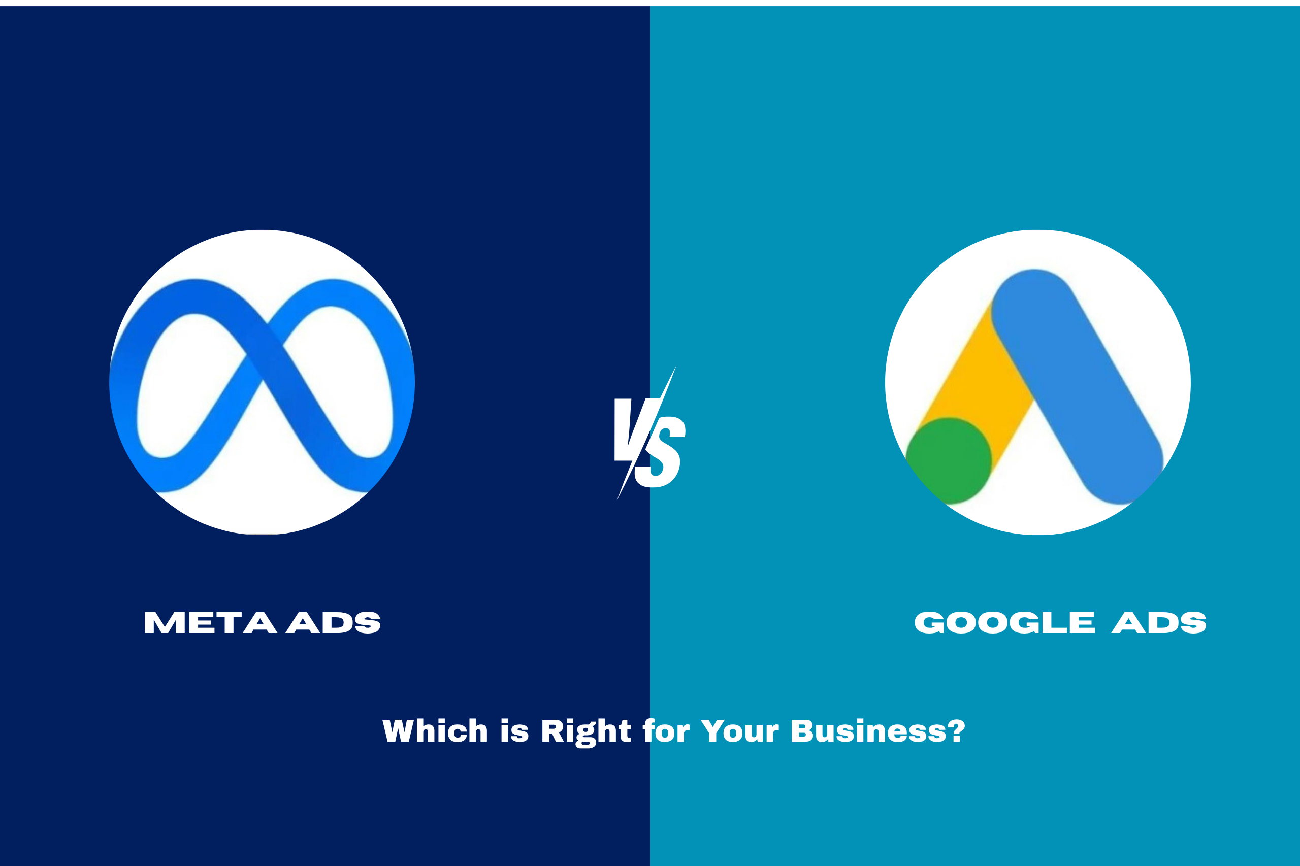 Comparison graphic illustrating Google Ads vs Meta Ads in 2025, featuring logos of both platforms on a split background for a digital advertising blog.