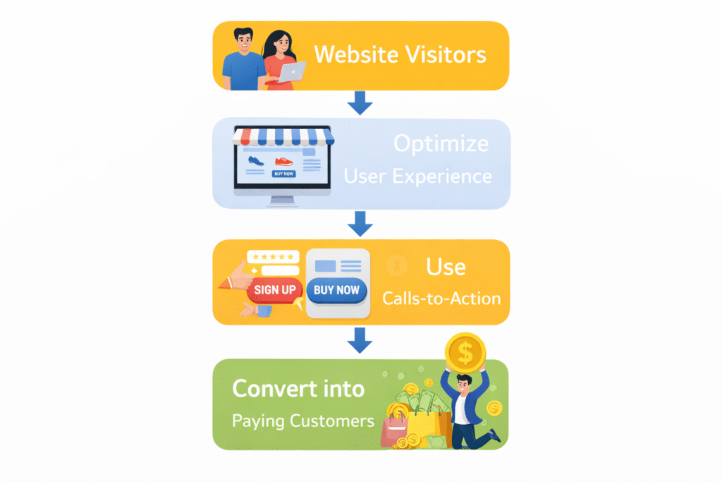 Turn Website Visitors into Paying Customers conversion process flowchart